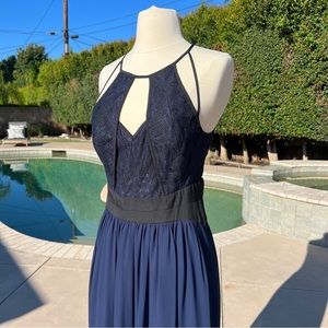 BCBG Maxazria Evening Gown Dress Cutout Lace Blue Prom Dance Formal Wedding